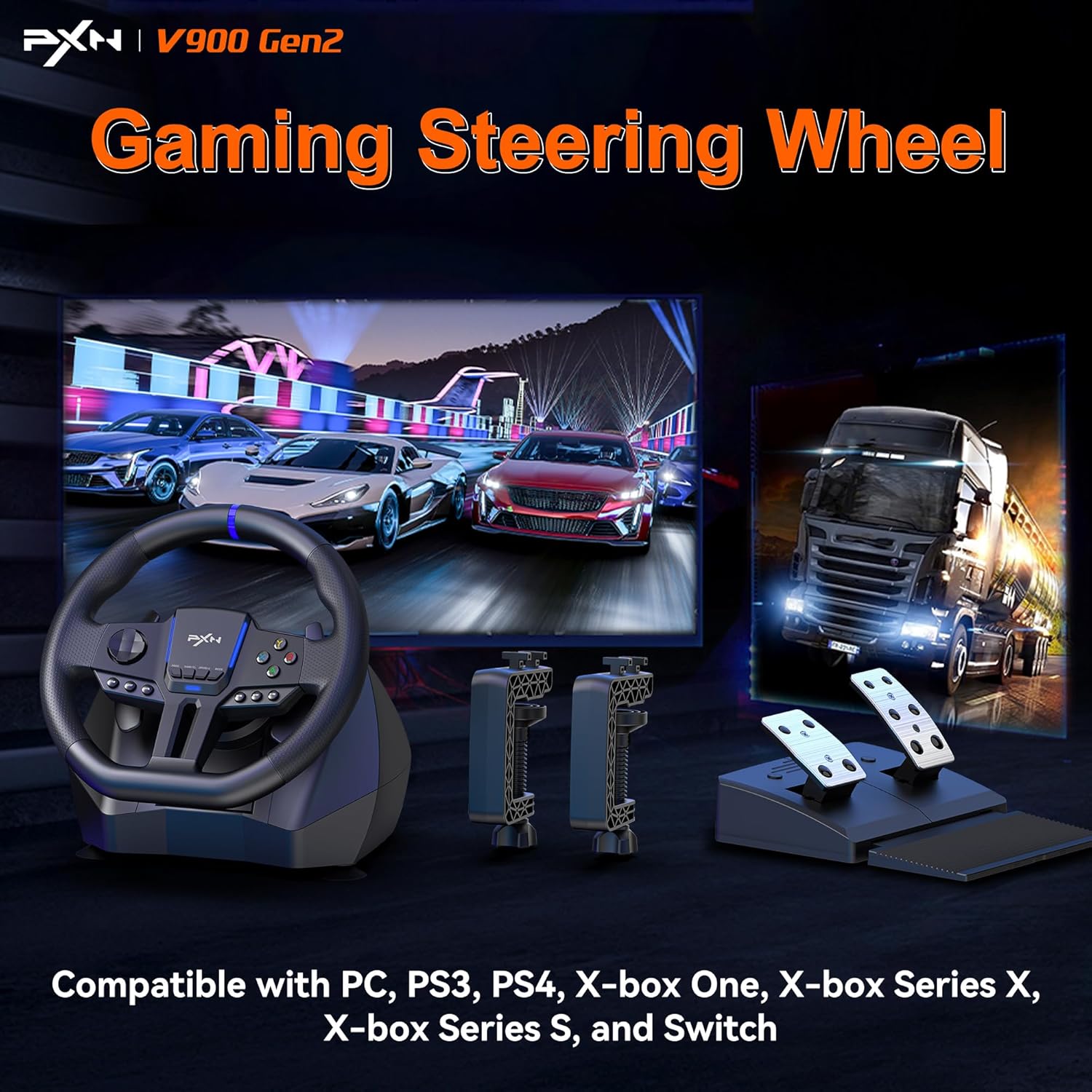 PXN V9 Gen 2 Racing Wheel with Hall Effect Pedals and Shifter, Gaming Steering Wheel for PC, Xbox Series X|S, Xbox One, PS4, Magnetic Sensor, 270°/900° Quick Switch, App Tuning