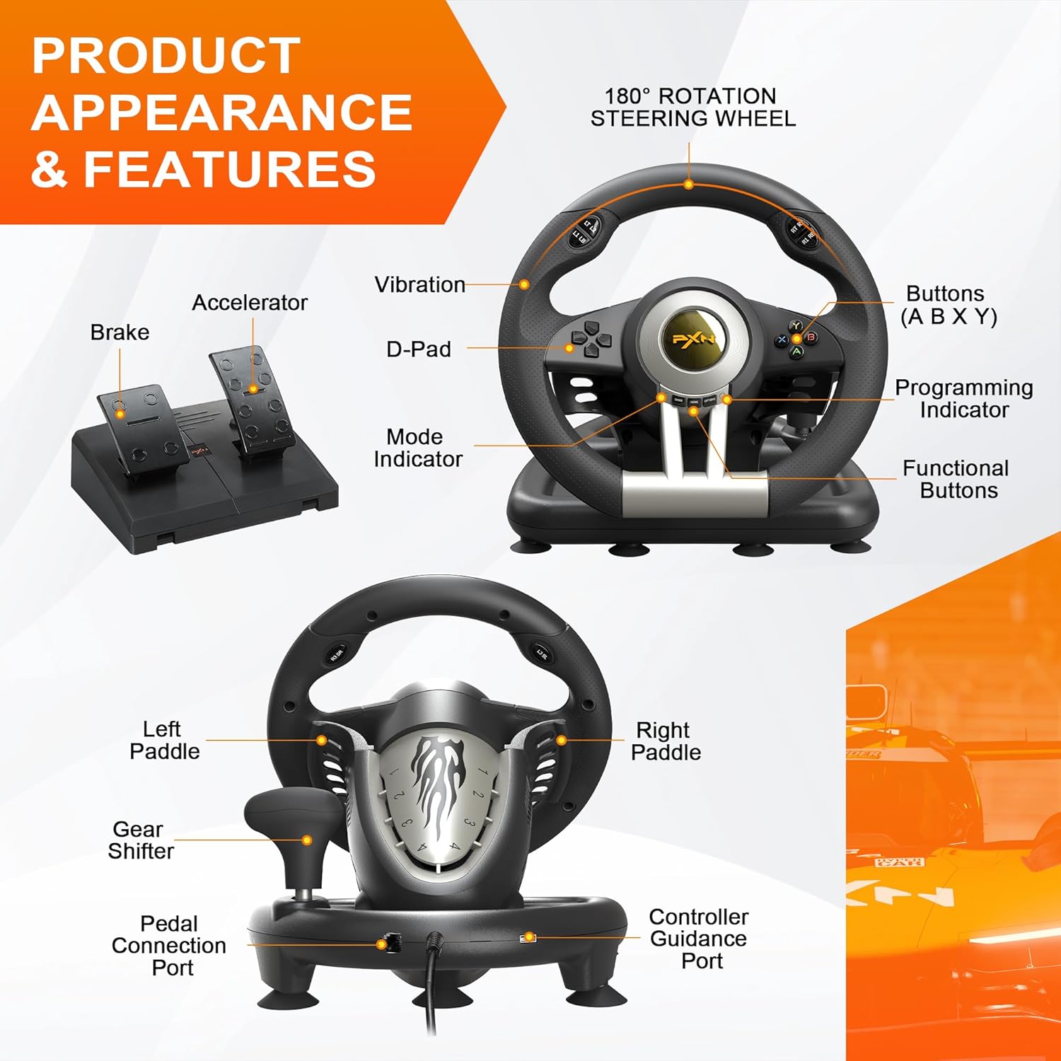 PXN V3 Pro Gaming Steering Wheel with Pedals Black