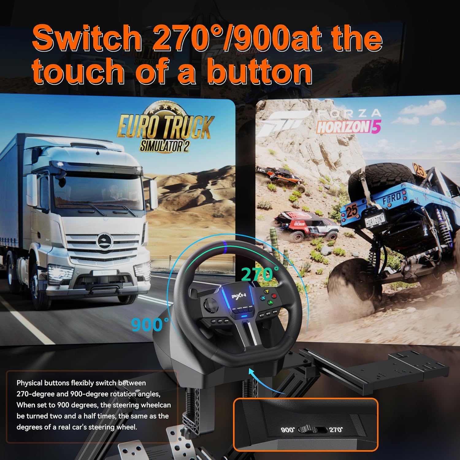 PXN V9 Gen 2 Racing Wheel with Hall Effect Pedals and Shifter, Gaming Steering Wheel for PC, Xbox Series X|S, Xbox One, PS4, Magnetic Sensor, 270°/900° Quick Switch, App Tuning