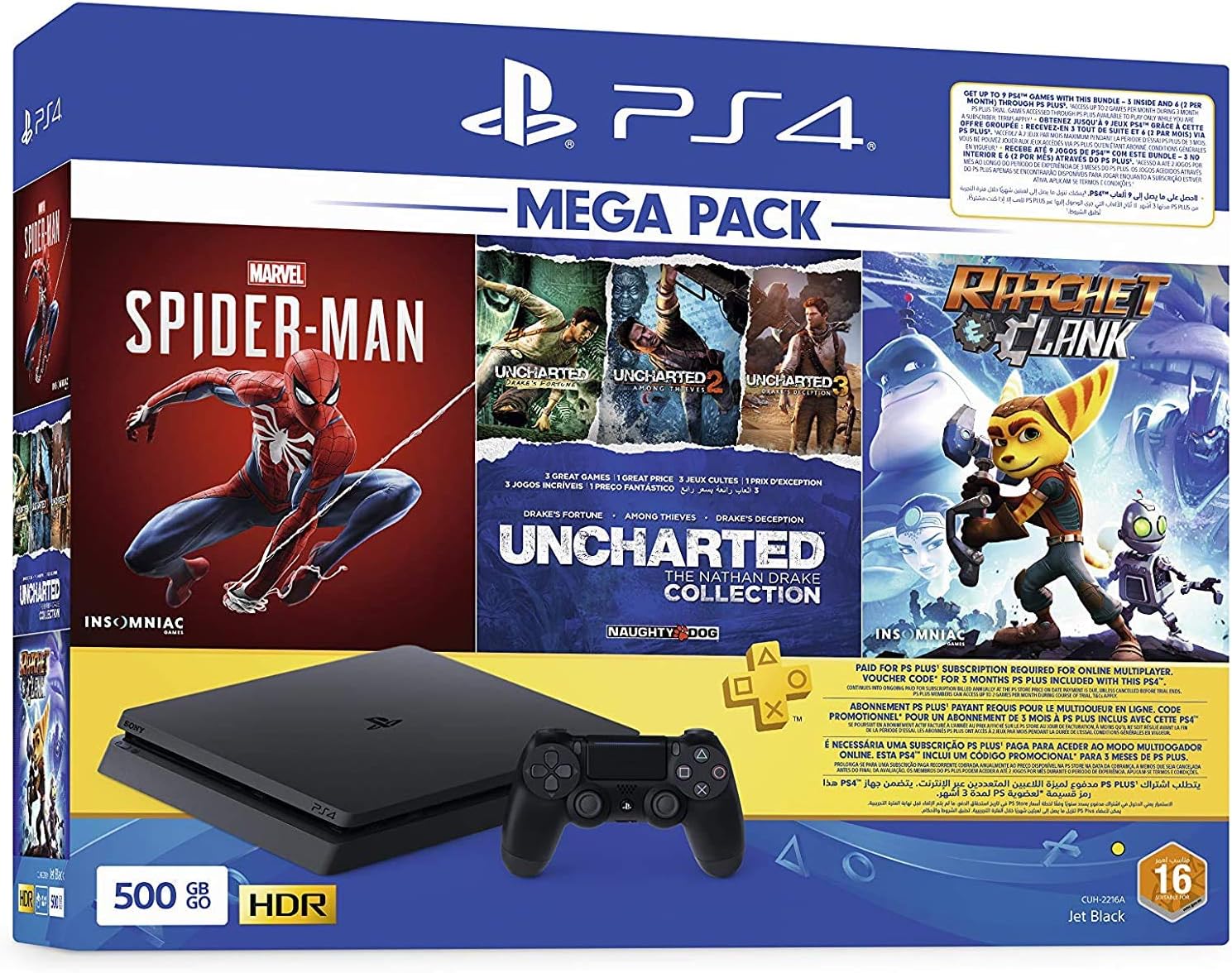 Sony PlayStation®4 Slim 500GB Console Mega Bundle with 3 Games (Spider‑Man, Ratchet & Clank, Uncharted) Fattal Warranty